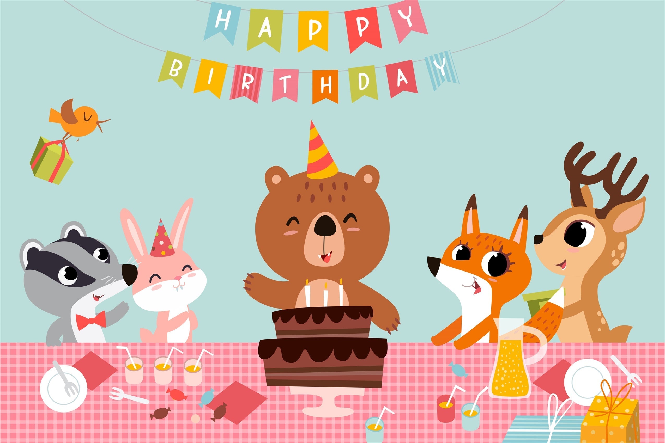 Benutzerdefinierte Geburtstagsparty Backdrop Happy Bear Friends Cake Backdrop LXX1-246