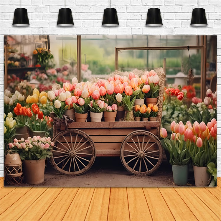 Frühlingshintergrund Fotografie Tulpenwagen Rustikaler Markt Hintergrund LXX1-60