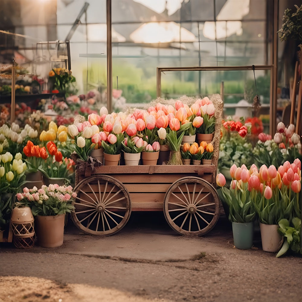 Frühlingshintergrund Fotografie Tulpenwagen Rustikaler Markt Hintergrund LXX1-60