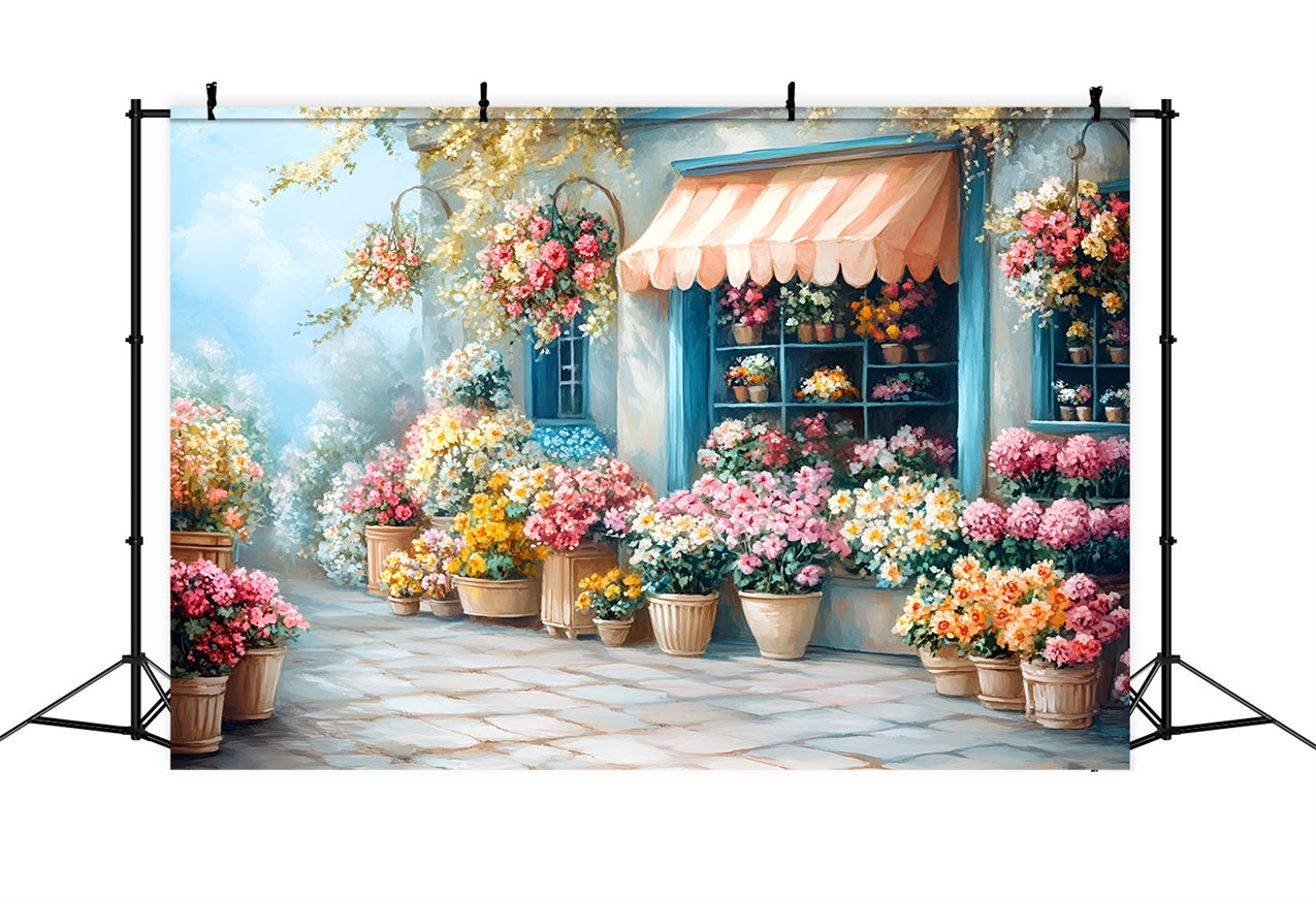 Fotografie Frühling Hintergrundbilder Blaues Landhaus Blumen Schaufenster Hintergrund LXX1-68