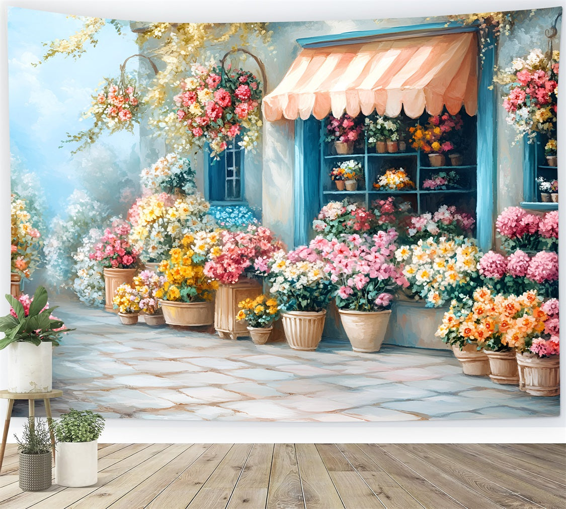 Fotografie Frühling Hintergrundbilder Blaues Landhaus Blumen Schaufenster Hintergrund LXX1-68