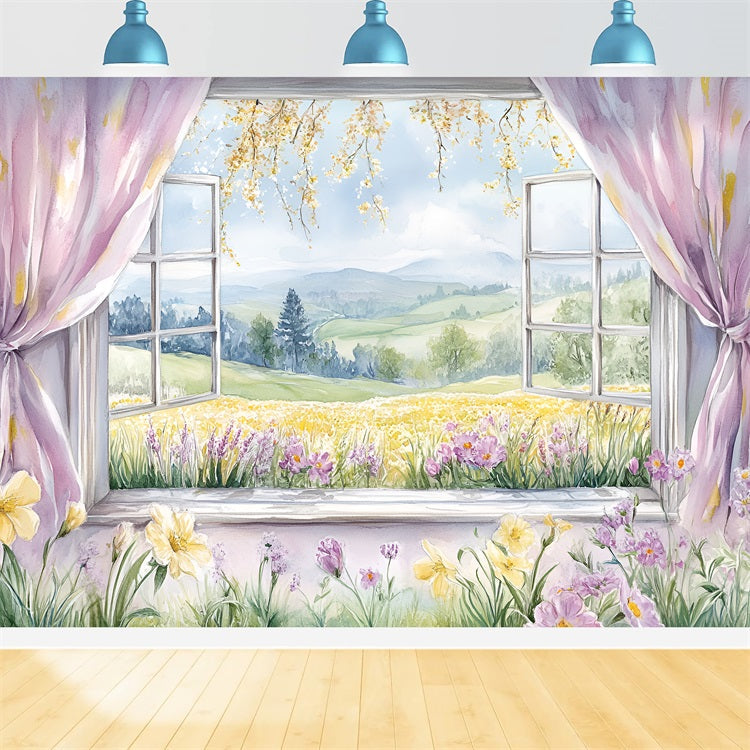 Backdrops Frühling Rustikale Fenster Szene Blumen Hügel Hintergrund LXX1-77