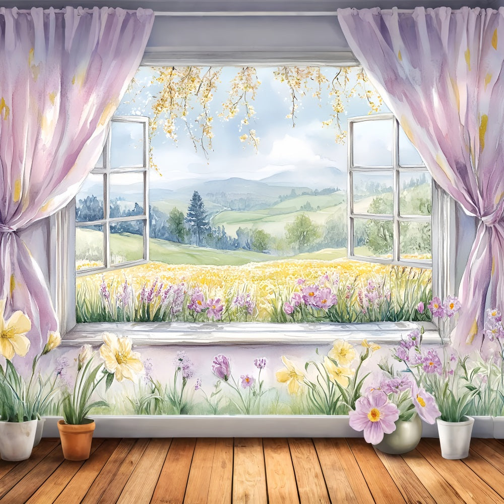 Backdrops Frühling Rustikale Fenster Szene Blumen Hügel Hintergrund LXX1-77