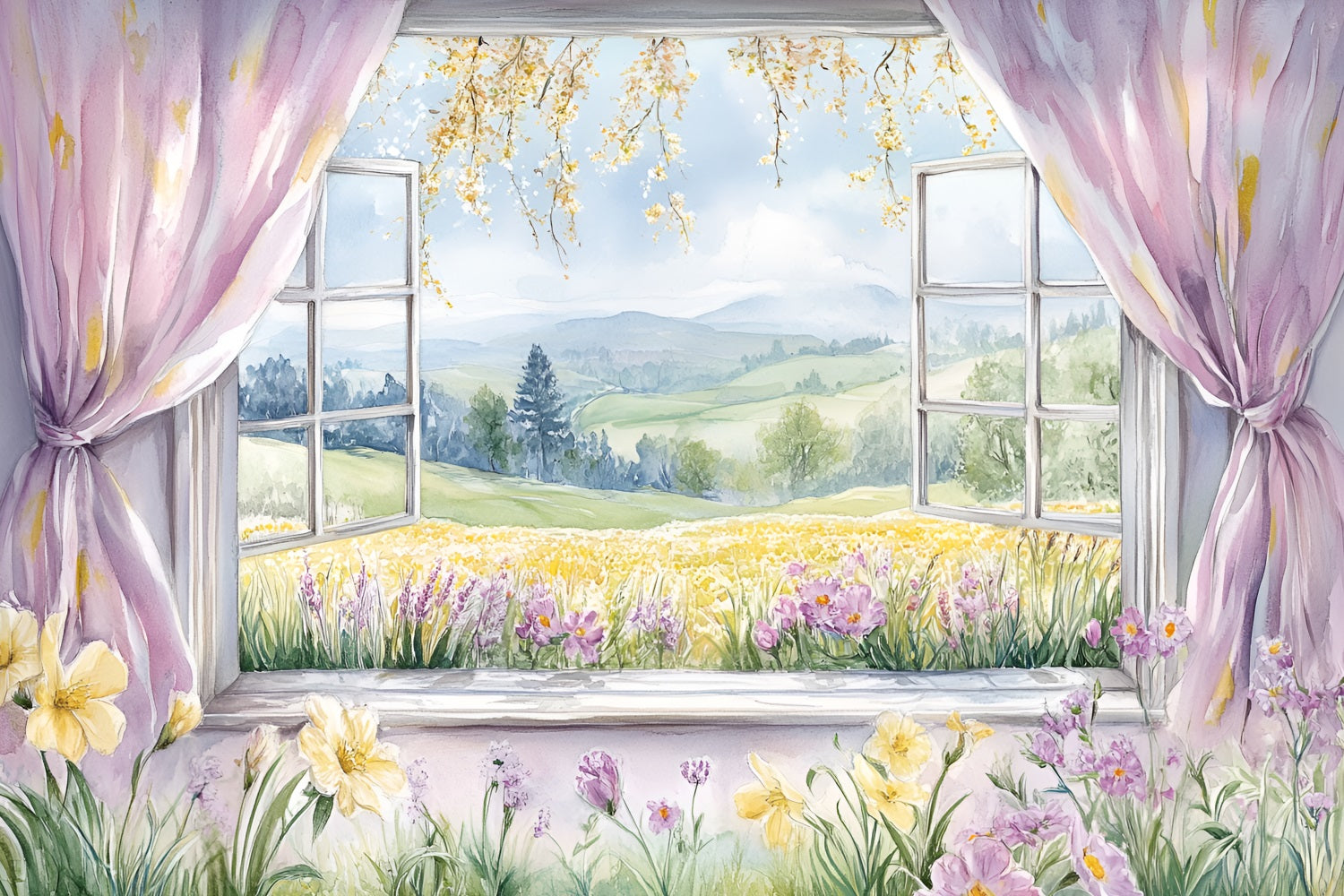 Backdrops Frühling Rustikale Fenster Szene Blumen Hügel Hintergrund LXX1-77