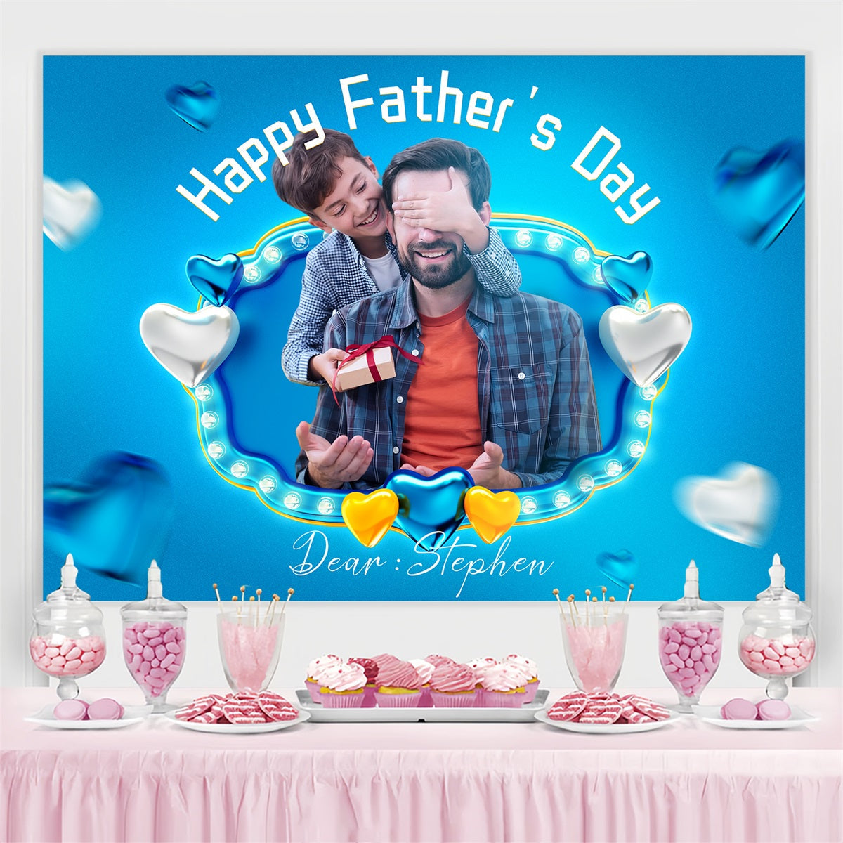 Backdrop Vatertag Blaue Herzen Personalisierte Backdrop LXX4-75
