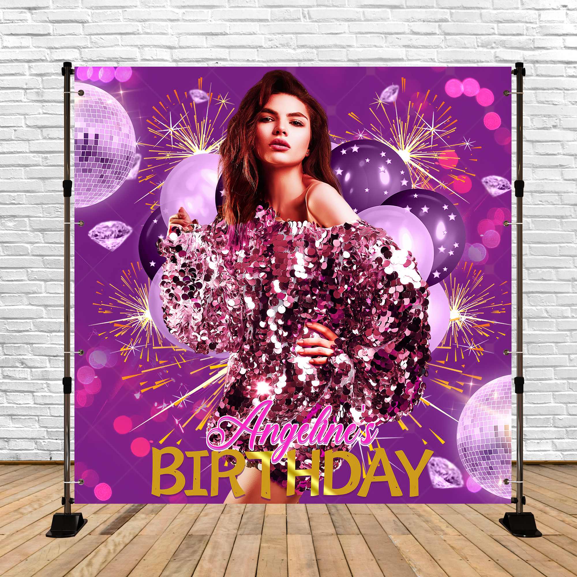 Personalisierte Geburtstag Backdrops Disco Ballloon Lila Backdrop LXX5-137