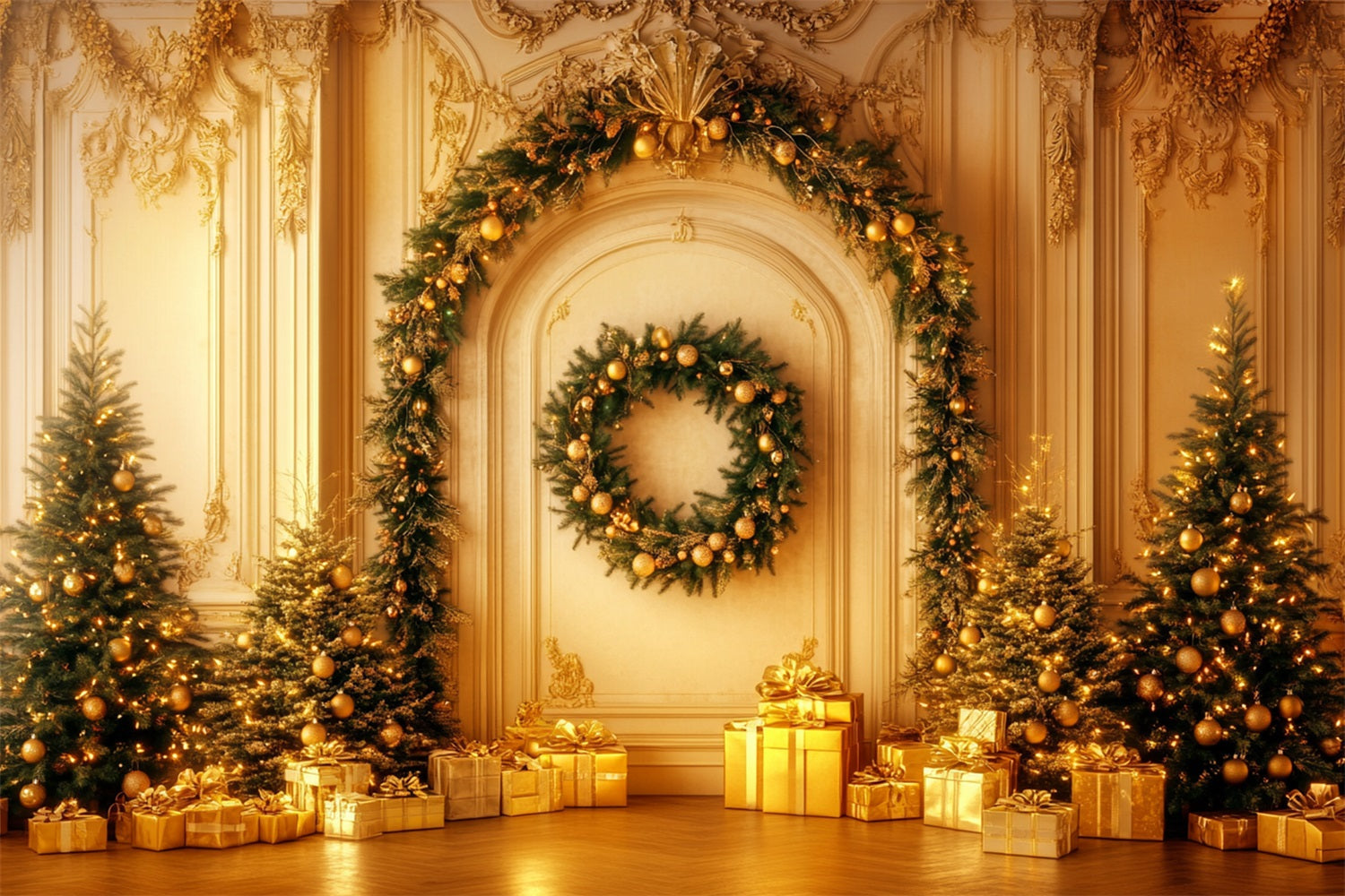Weihnachts-Vintage-Wandhintergrund Goldene Girlande Eleganz Viktorianischer Hintergrund LXX510-110