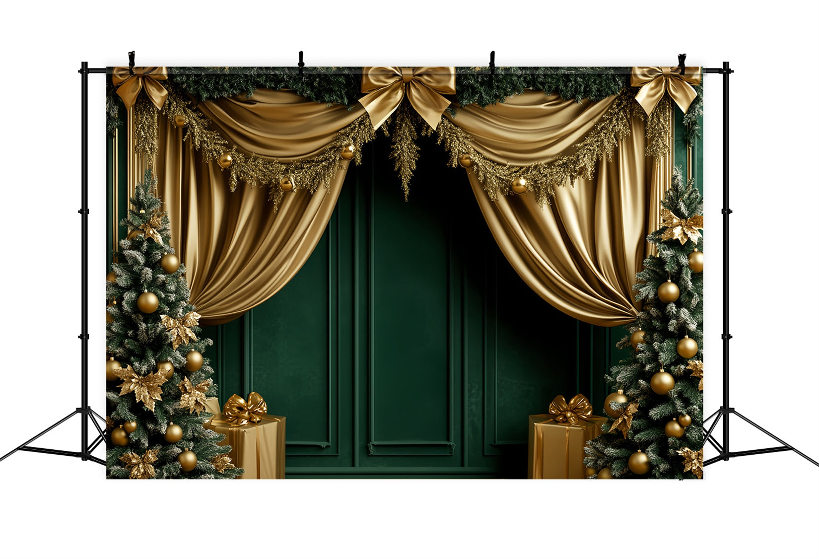 Schleifenhintergründe Smaragdgrün-goldener festlicher Vorhang Viktorianischer Weihnachtshintergrund LXX510-111