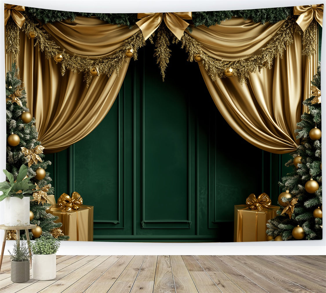 Schleifenhintergründe Smaragdgrün-goldener festlicher Vorhang Viktorianischer Weihnachtshintergrund LXX510-111