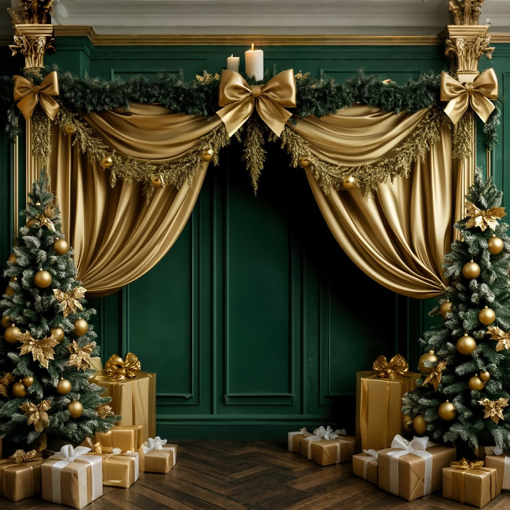 Schleifenhintergründe Smaragdgrün-goldener festlicher Vorhang Viktorianischer Weihnachtshintergrund LXX510-111