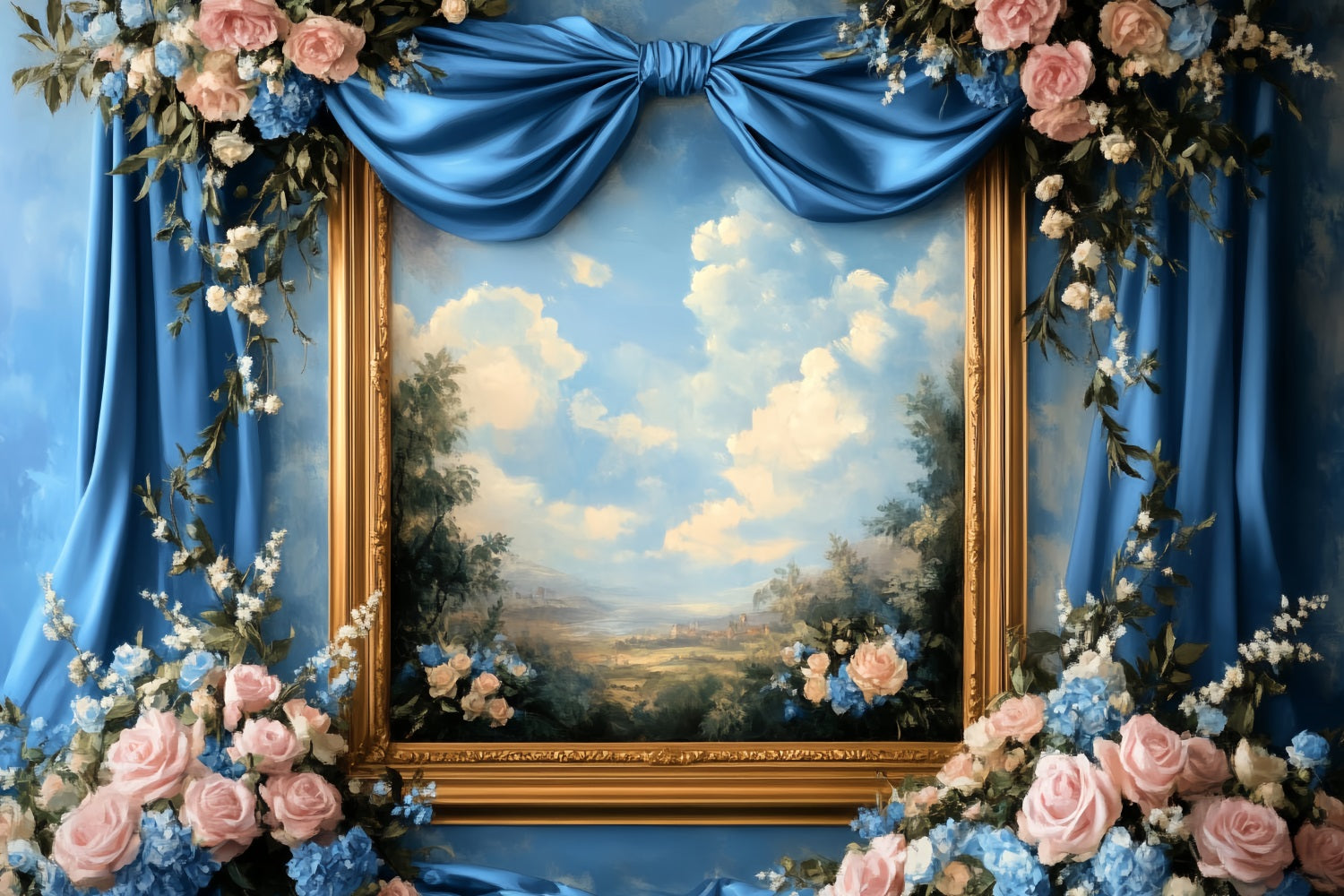 Großer Schleifenhintergrund Blauer Blumenbilderrahmen Viktorianischer Fotohintergrund LXX510-117