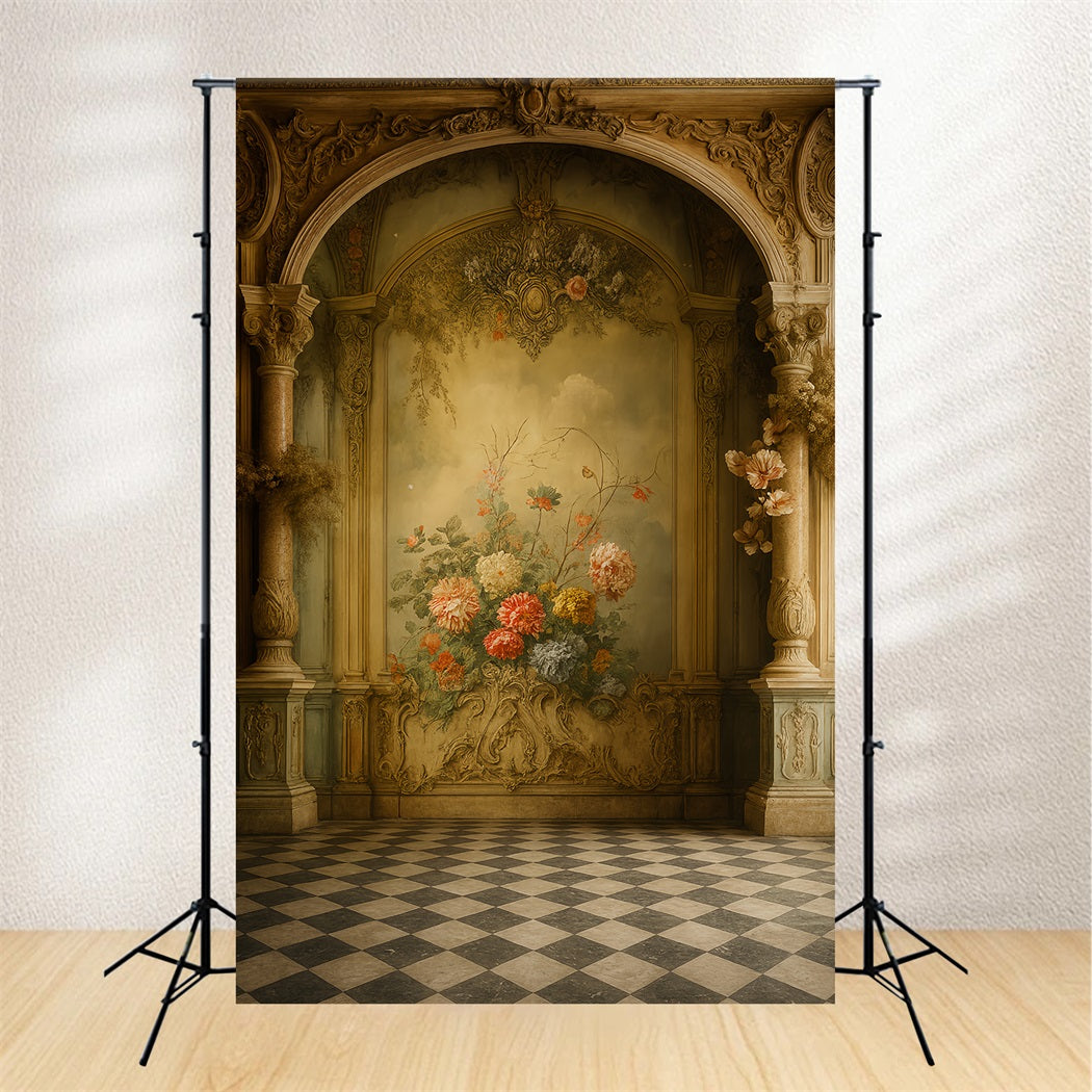 Wandhintergrund Vintage – 2,1x1,5 M | Elegante Blumen & Palast-Bogen | Für Fotoshootings & Partys