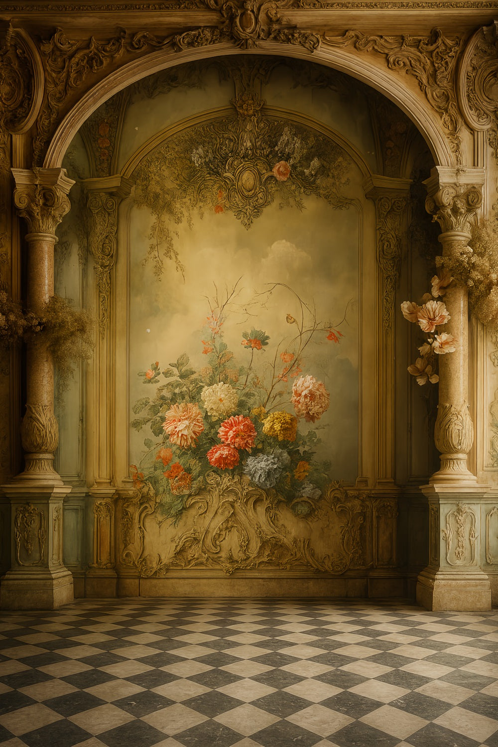 Vintage-Wandhintergrund Barocker Bogen Bloom Hall Viktorianischer Hintergrund LXX510-127