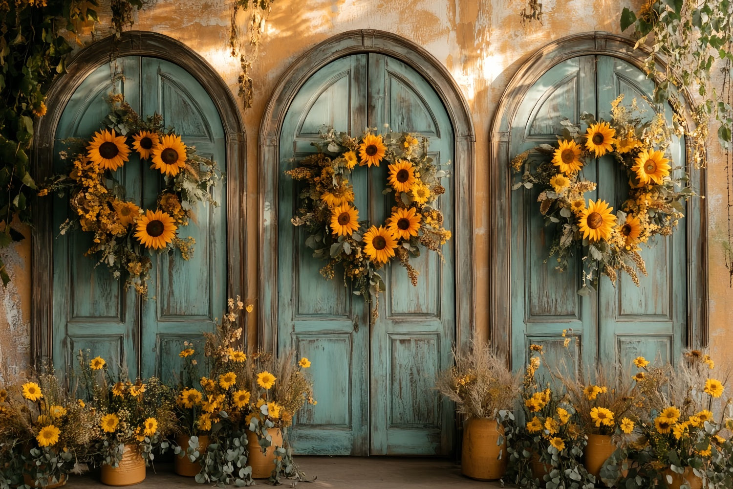 Vintage-Wandhintergrund Sonnenblumenbogen Türöffnung Charme Viktorianischer Fotohintergrund LXX510-132