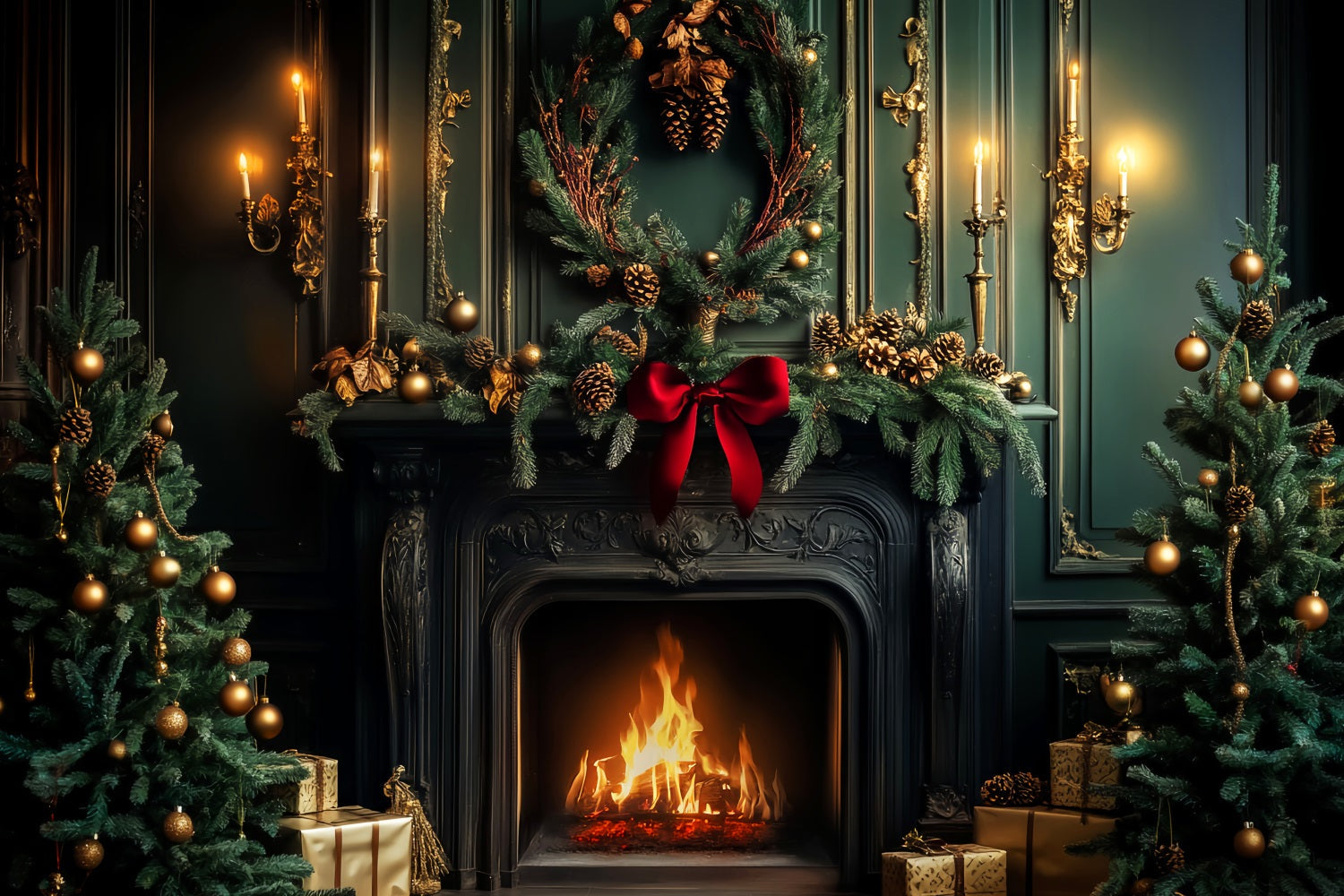 Viktorianische Weihnachtskulisse Smaragdgrüner Kamin Festliche Wärme Viktorianische Kulisse LXX510-135