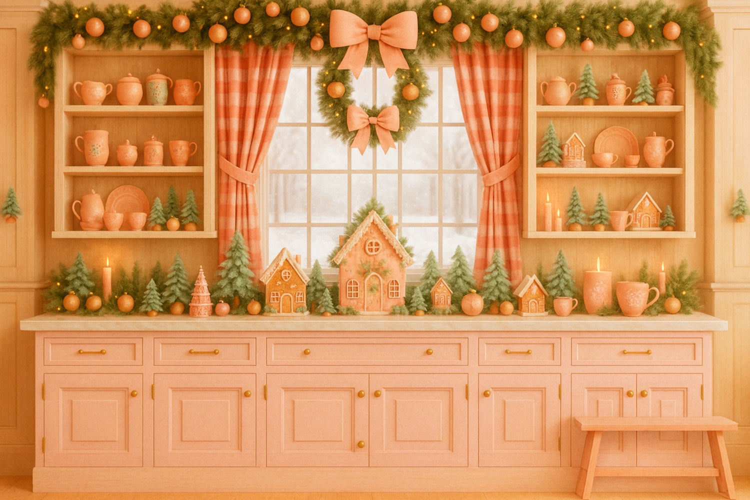 Rosa Schleifen-Hintergrund, Lebkuchen-Küche, Feiertags-Charme, Weihnachts-Hintergrund LXX510-139