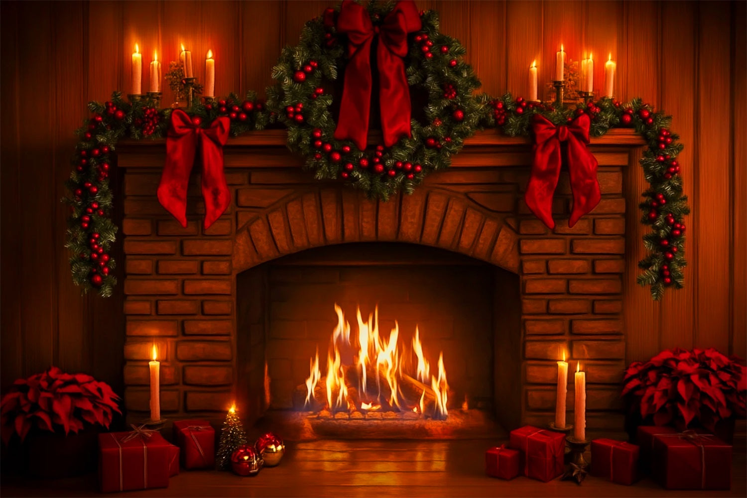 Hintergrund mit rosa Schleife, roter Girlande, Kaminfeuer und Weihnachtsfoto-Hintergrund LXX510-140