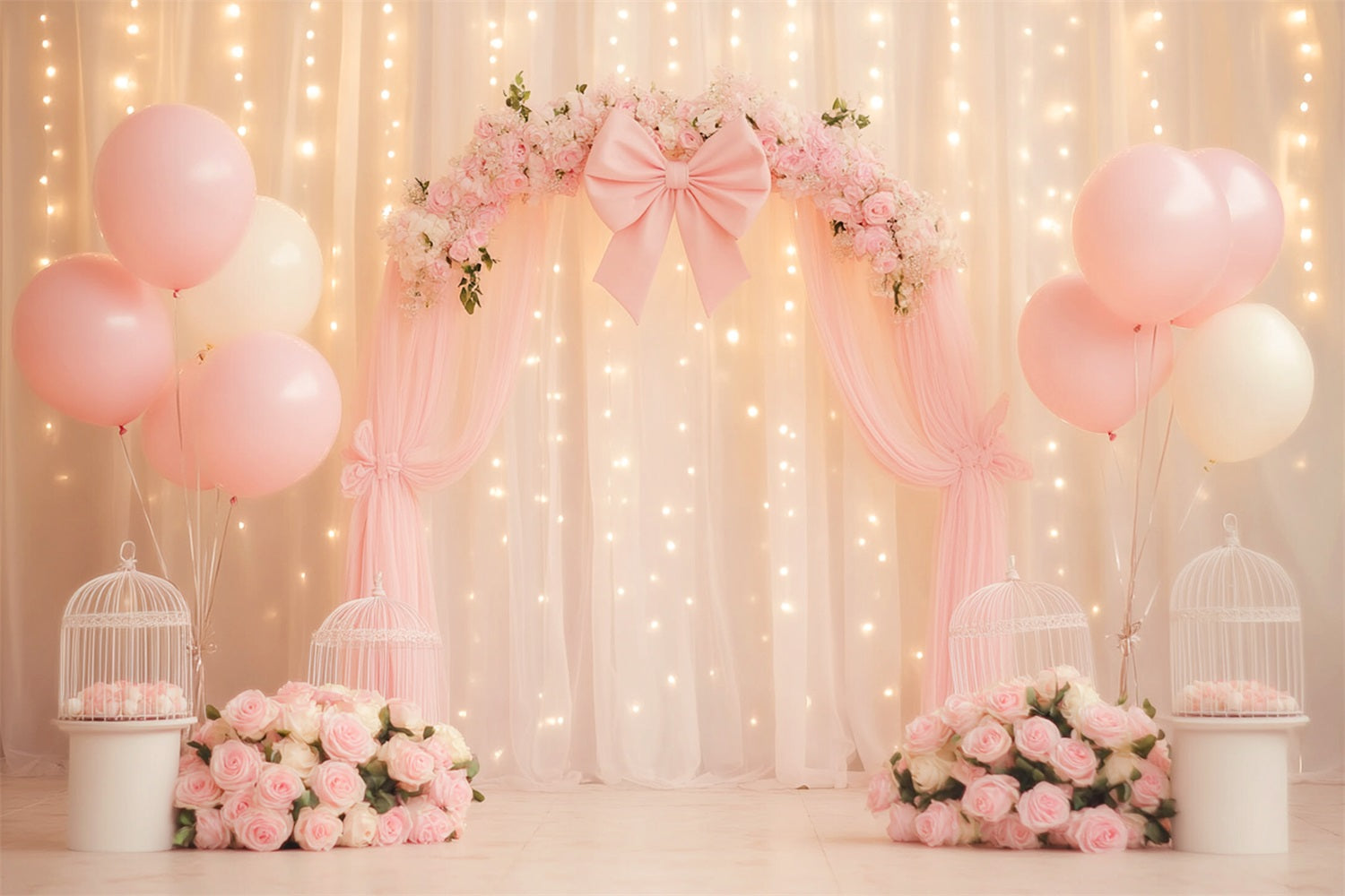 Bogen-Hintergrund Blumendrapiertes Band Charmanter Hochzeitshintergrund LXX510-146