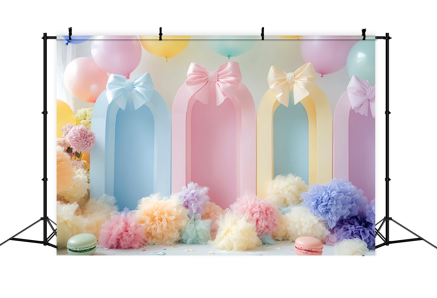 Hintergrund mit Schleifen Pastellfarbene Luftballons Bunte Bögen Cake Smash Geburtstag LXX510-163
