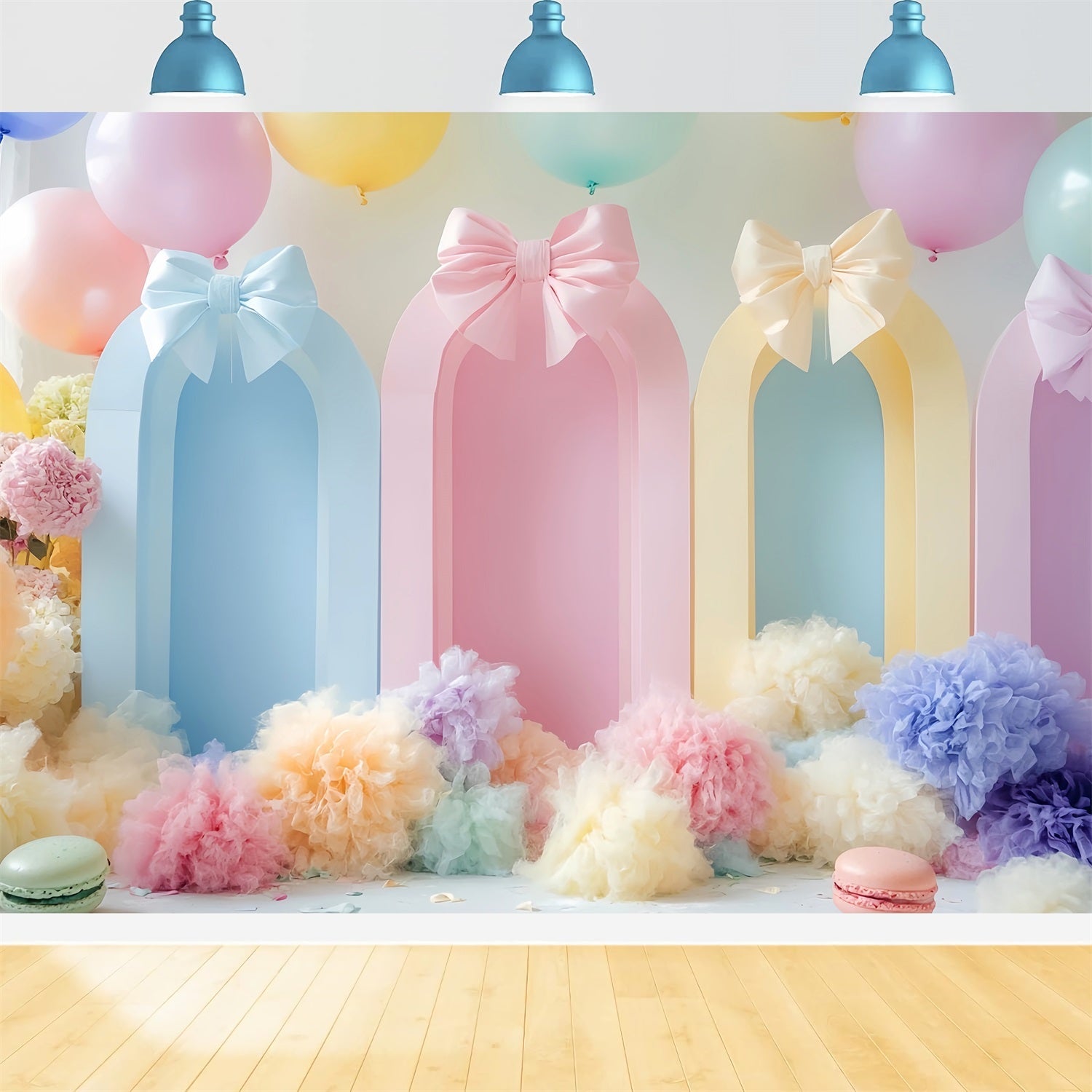 Hintergrund mit Schleifen Pastellfarbene Luftballons Bunte Bögen Cake Smash Geburtstag LXX510-163