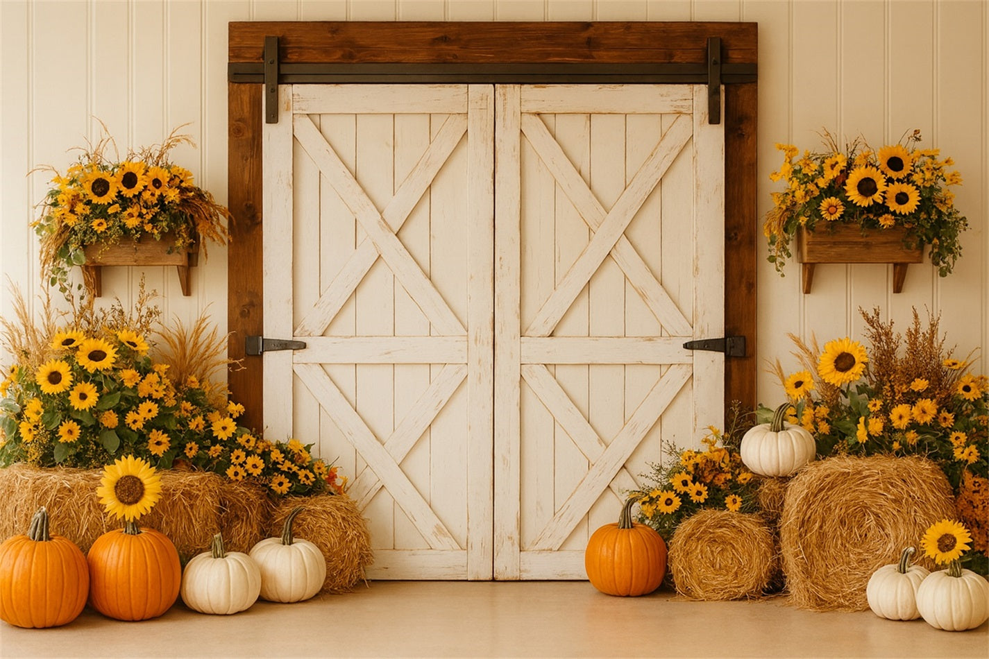 K¨¹rbis-Hintergrund Rustikale Scheune Sonnenblumenernte Thanksgiving-Hintergrund LXX510-18