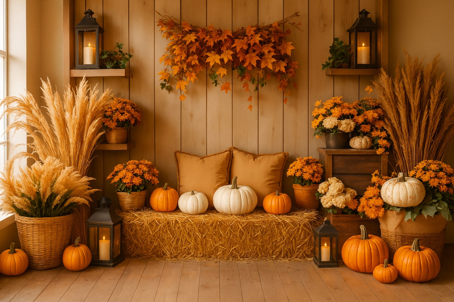 K¨¹rbis-Fotohintergrund Gem¨¹tliche Herbst-K¨¹rbis-Ecke Thanksgiving-Fotohintergrund LXX510-19
