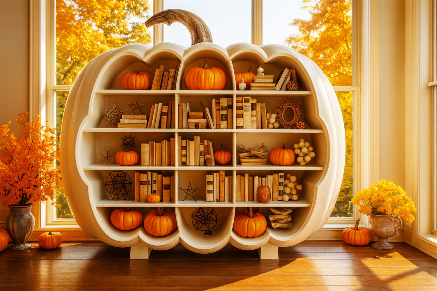 K¨¹rbis-Fotohintergrund B¨¹cherregal Herbstgl¨¹hen Thanksgiving-Fotohintergr¨¹nde LXX510-22
