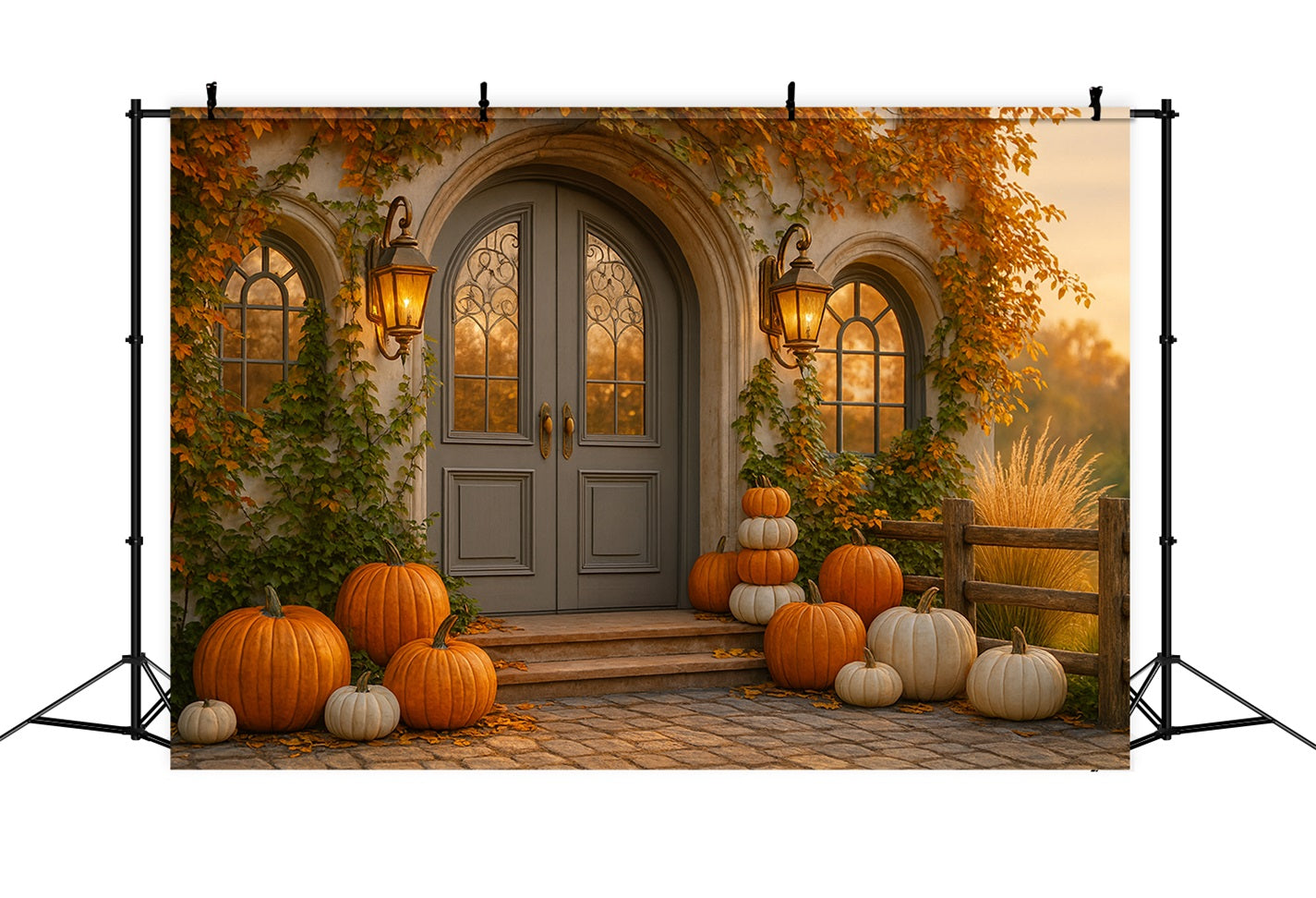 K¨¹rbis-Hintergrund Cottage-T¨¹r K¨¹rbisveranda Frohes Thanksgiving-Hintergrund LXX510-23