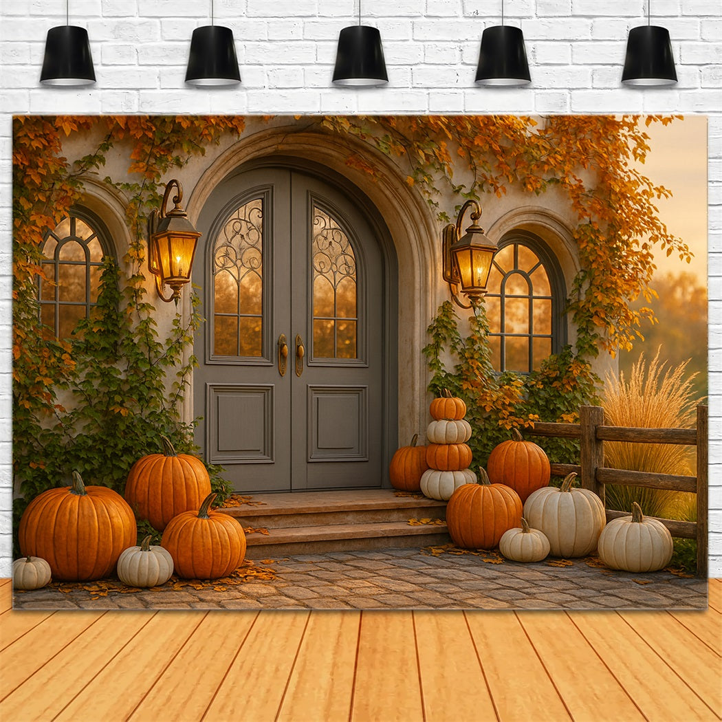 K¨¹rbis-Hintergrund Cottage-T¨¹r K¨¹rbisveranda Frohes Thanksgiving-Hintergrund LXX510-23
