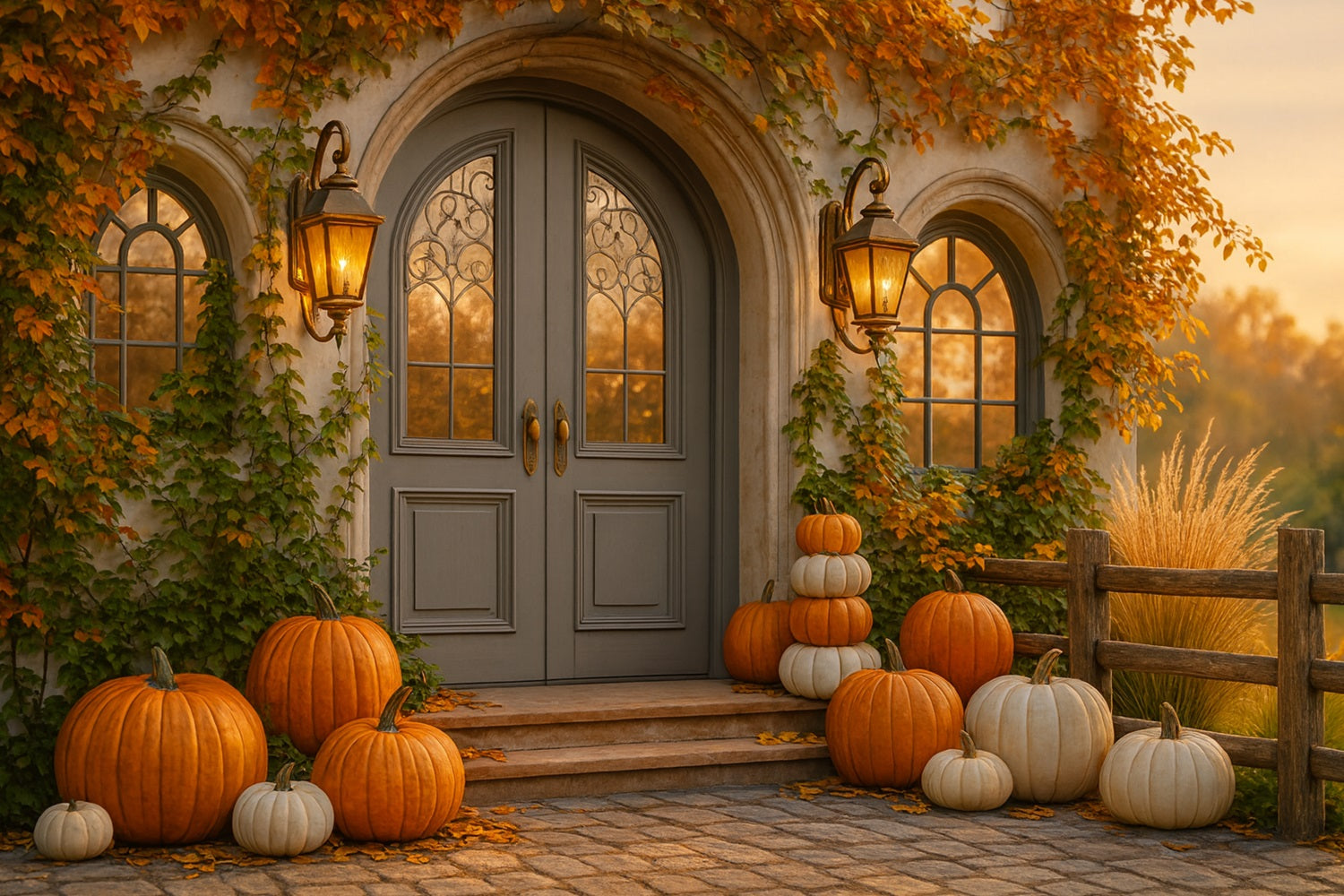 K¨¹rbis-Hintergrund Cottage-T¨¹r K¨¹rbisveranda Frohes Thanksgiving-Hintergrund LXX510-23
