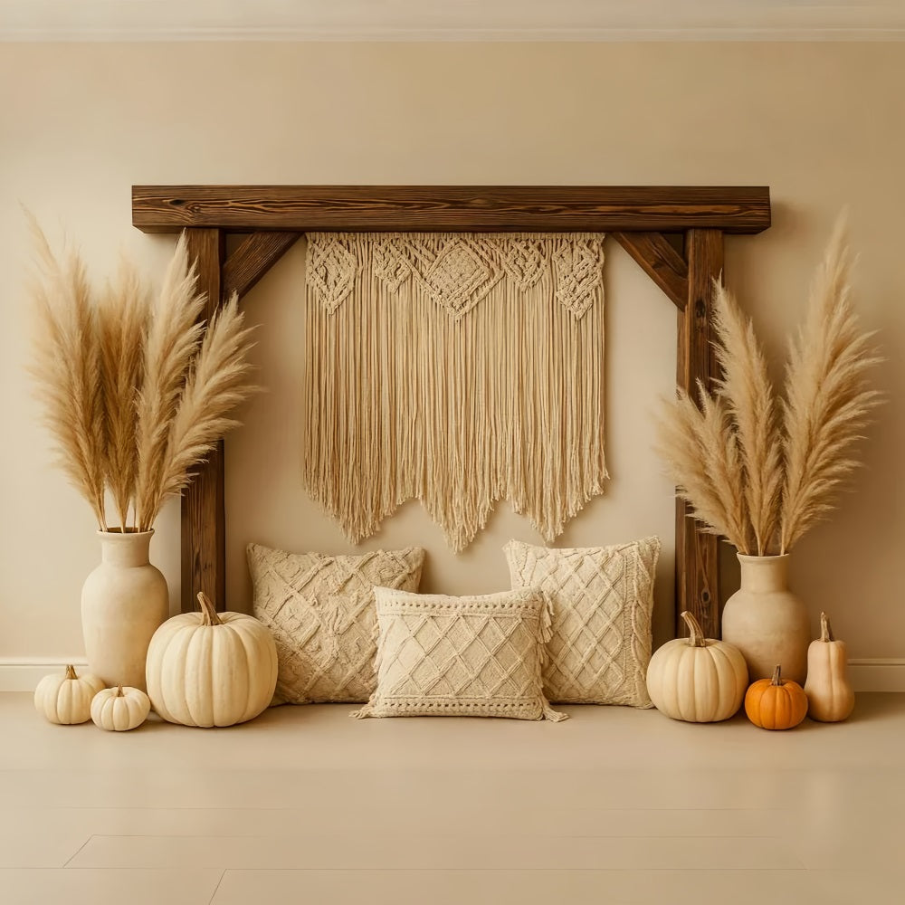 Kürbis-Fotohintergrund Boho Pampas Gemütliche Ecke Thanksgiving-Hintergrund LXX510-24