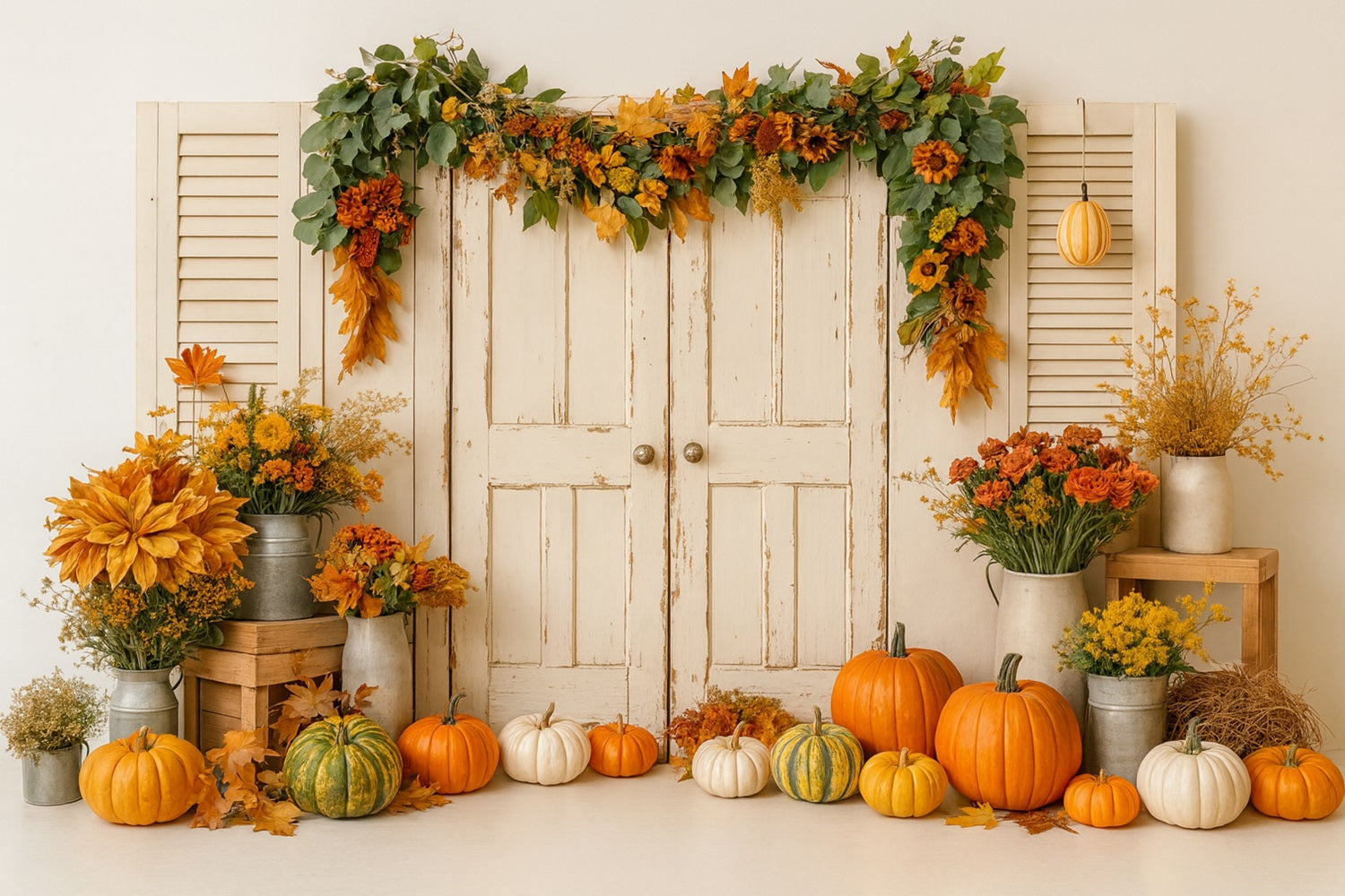K¨¹rbis-Hintergrund Vintage-T¨¹r Herbstblumen Thanksgiving-Fotohintergrund LXX510-25
