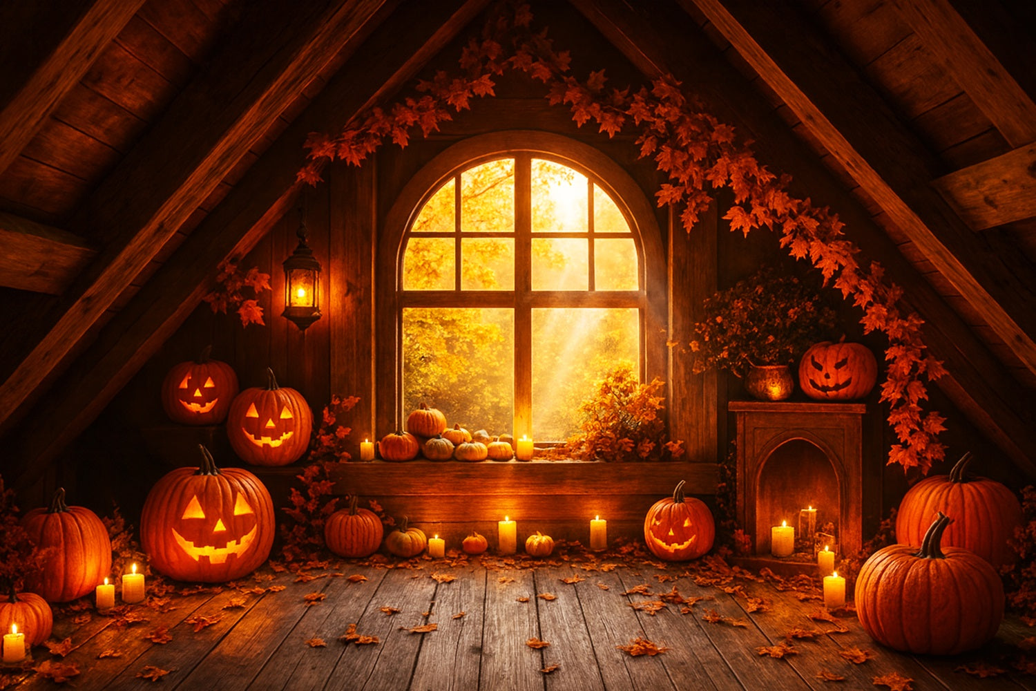 Bauernhof-Hintergrund Gem¨¹tlicher Dachboden K¨¹rbisglanz Frohes Thanksgiving-Hintergrund LXX510-29