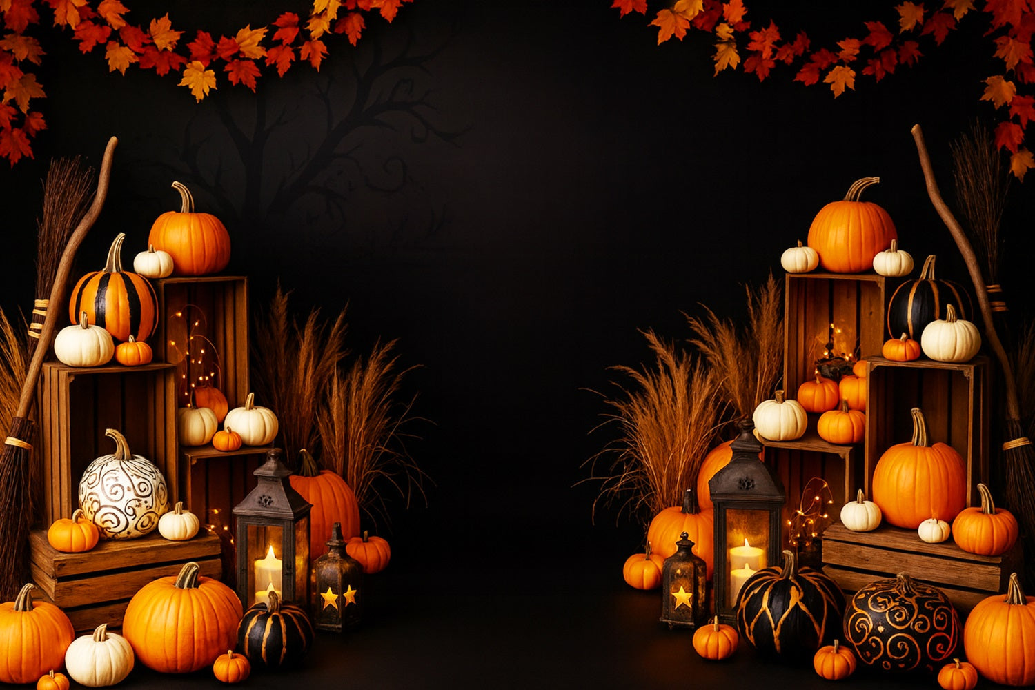 Bauernhof-Hintergrund Goldener Ahorn Laternenlicht Thanksgiving-Fotohintergrund LXX510-31