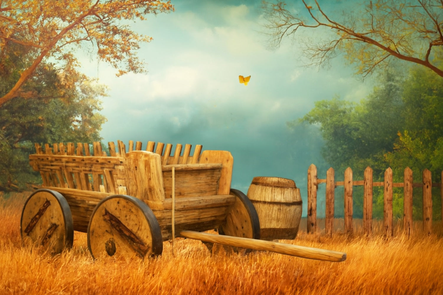 Bauernhof-Hintergrund Holzkarren Herbstwiese Thanksgiving-Fotohintergründe LXX510-34