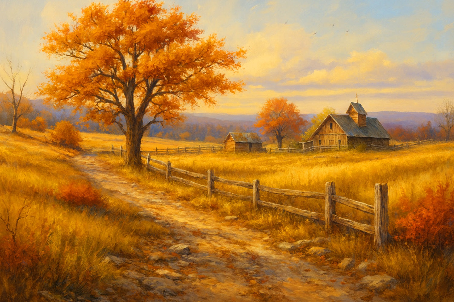 Bauernhof-Hintergrund Goldener Weg Blick auf den Bauernhof Frohes Thanksgiving-Hintergrundbild LXX510-35