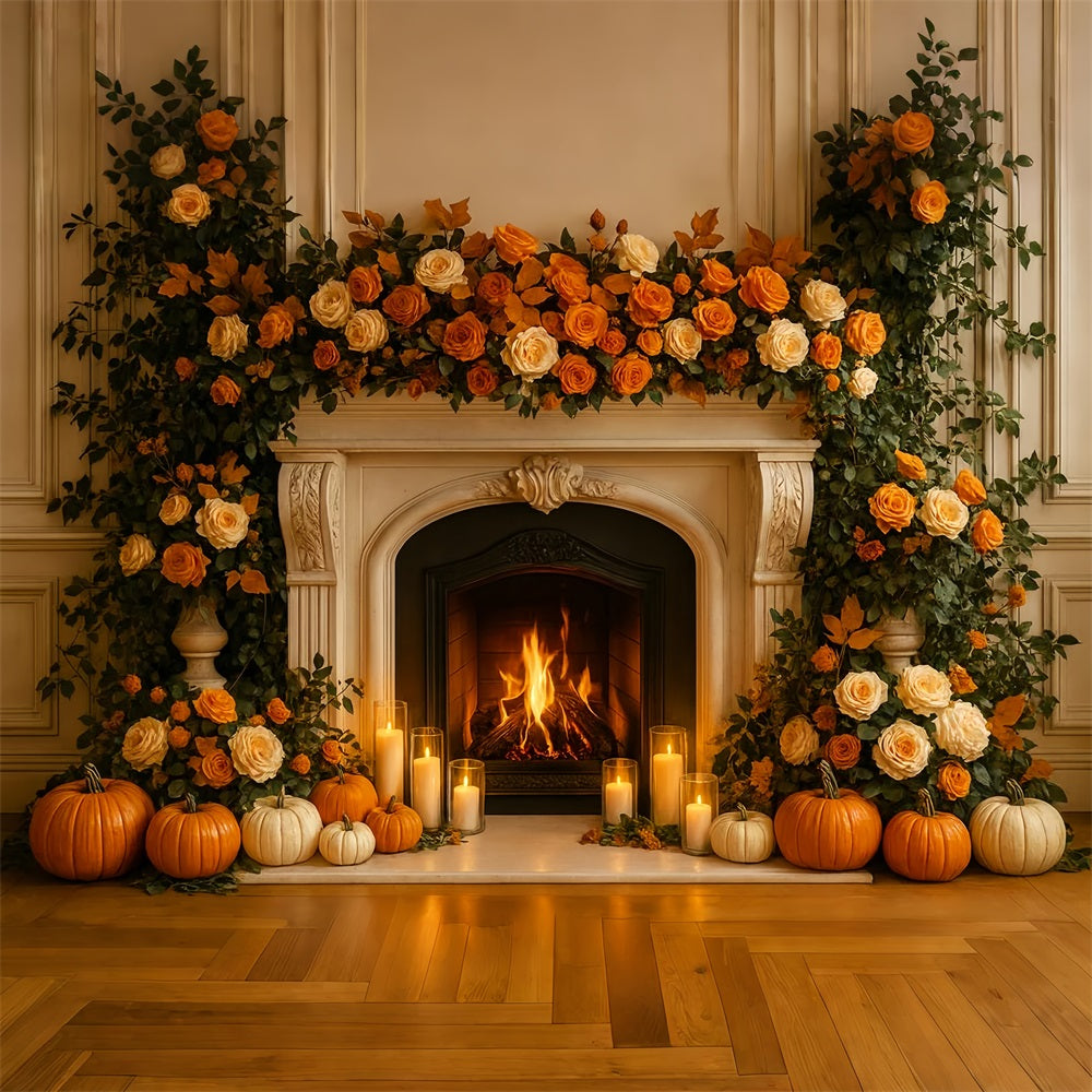 Herbst-Hintergrund Kamin Rosen Kerzenschein Thanksgiving-Hintergrundbild LXX510-36