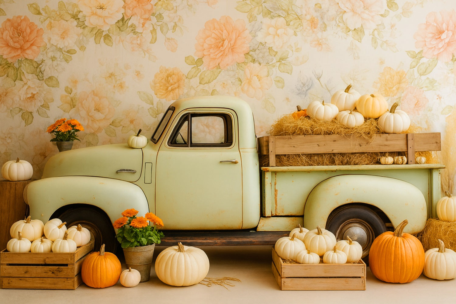 K¨¹rbis-Hintergrund Vintage-Lkw K¨¹rbisernte Thanksgiving-Hintergrundbilder LXX510-38