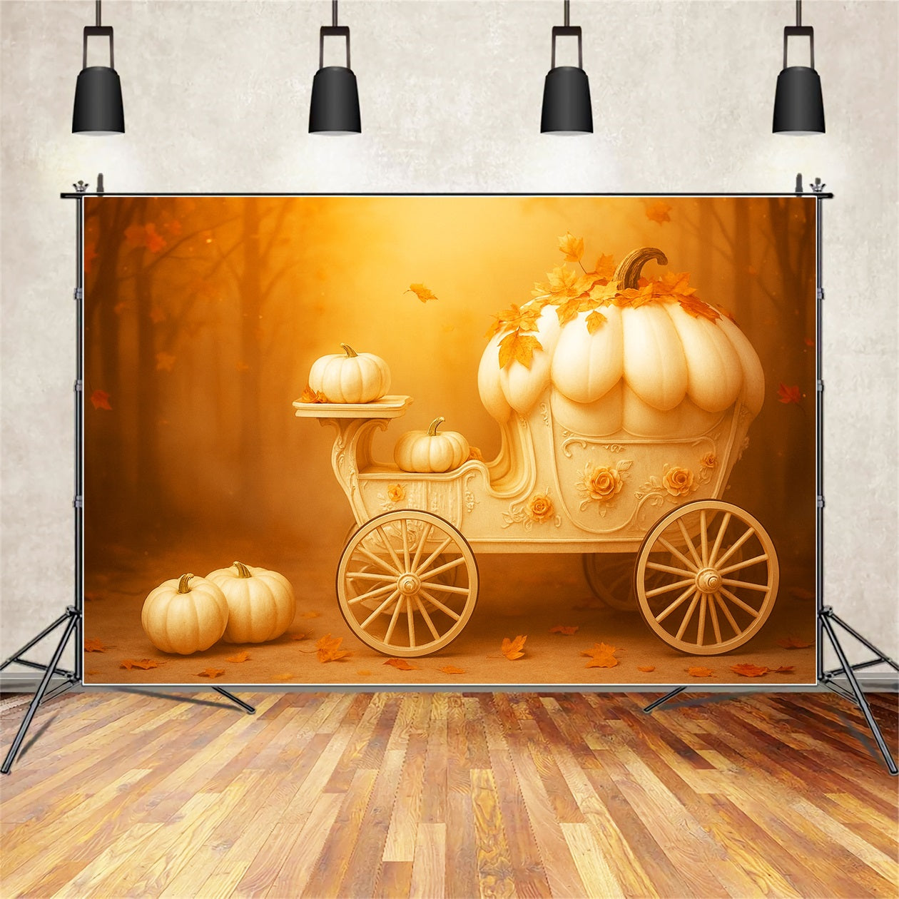 Kürbis-Fotohintergrund Kürbiswagen Goldener Traum Frohes Thanksgiving-Hintergrund LXX510-41