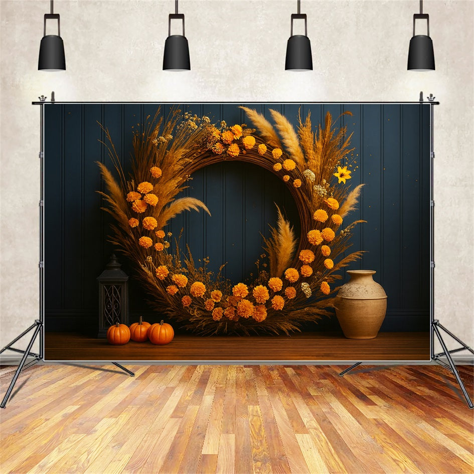 K¨¹rbis-Hintergrund Goldener Kranz Rustikaler Charme Thanksgiving-Hintergrund LXX510-42