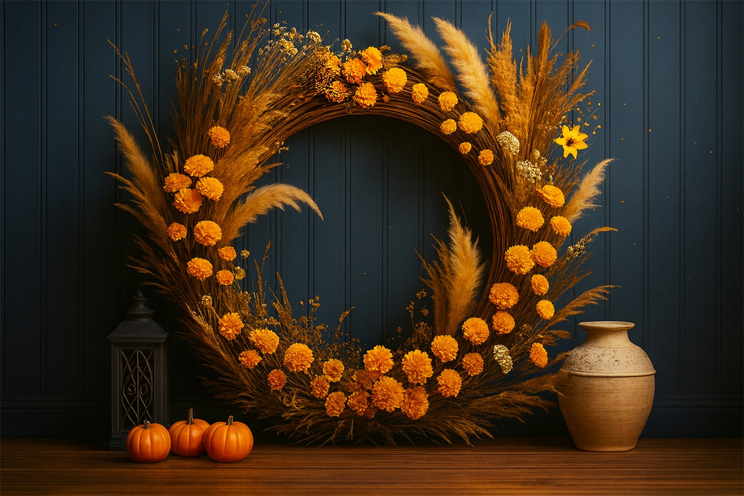 K¨¹rbis-Hintergrund Goldener Kranz Rustikaler Charme Thanksgiving-Hintergrund LXX510-42