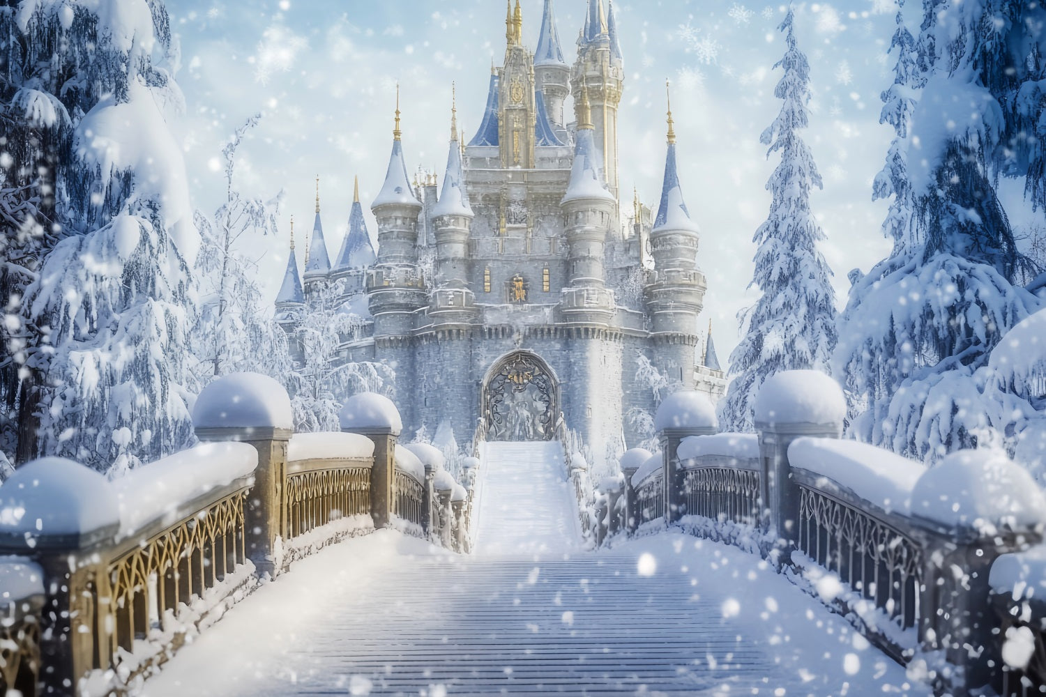 Wunderland-Hintergrund Verschneite Burg Brücke Fantasie Winter-Fotografie-Hintergründe LXX510-64