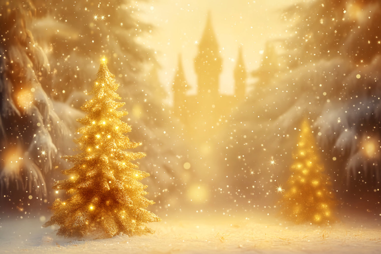 Winterwald-Hintergrund Goldener Weihnachtsbaum Glanz Winter-Foto-Hintergründe LXX510-74