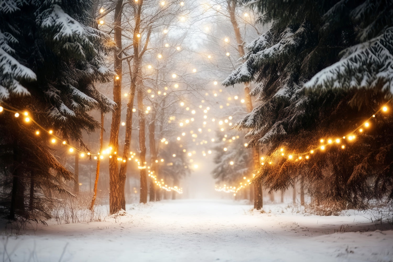 Winterwald-Hintergrund Verschneiter Wald Lichterketten Winter-Foto-Hintergründe LXX510-75