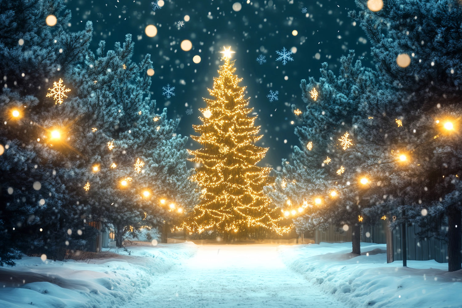 Winterwunderland-Hintergrund Weihnachtsbaum-Lichterweg Winterhintergründe LXX510-81