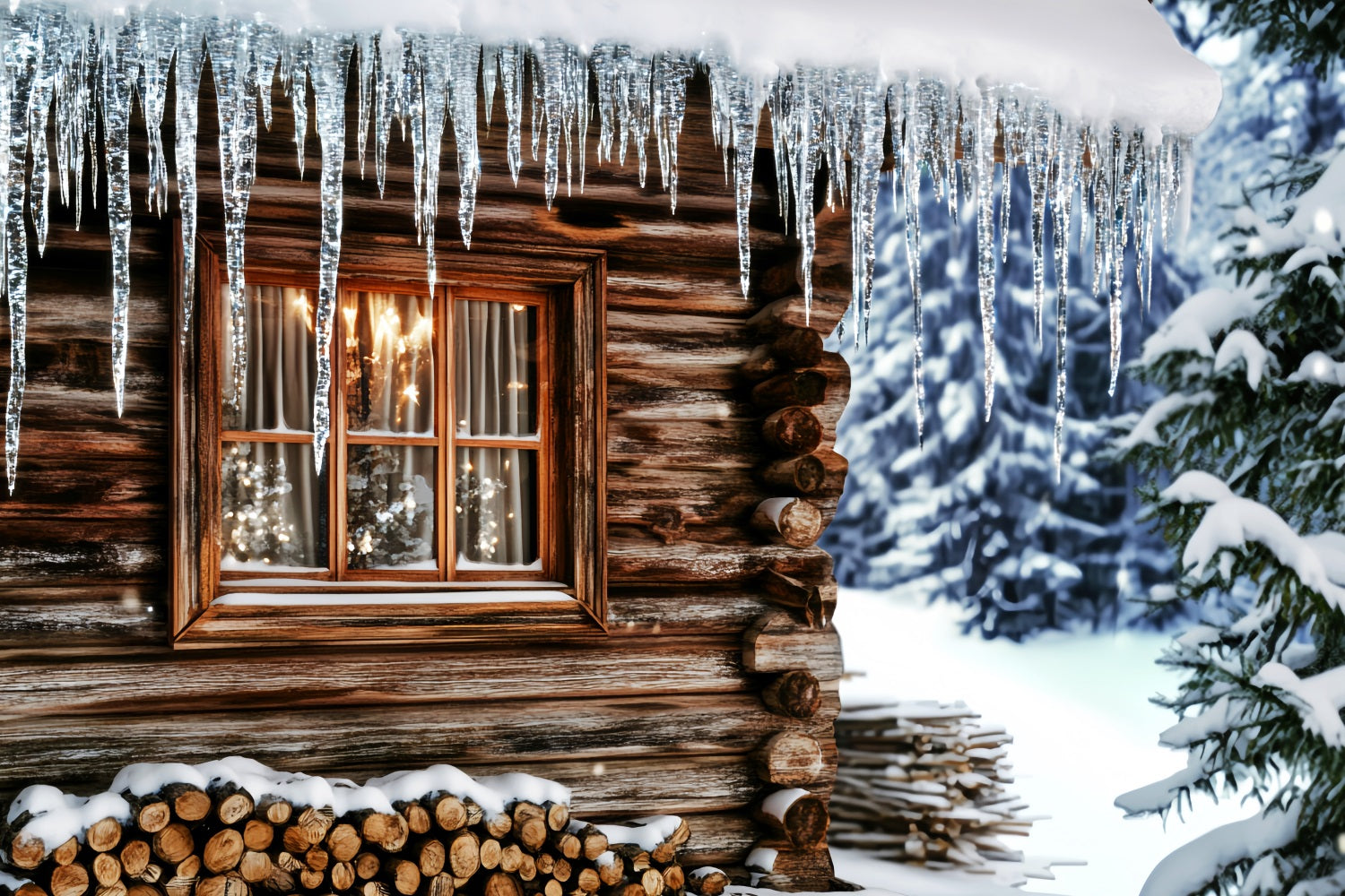 Winter-Fotohintergrund Gemütliche Hütte Eiszapfenfenster Winterhintergrund LXX510-84