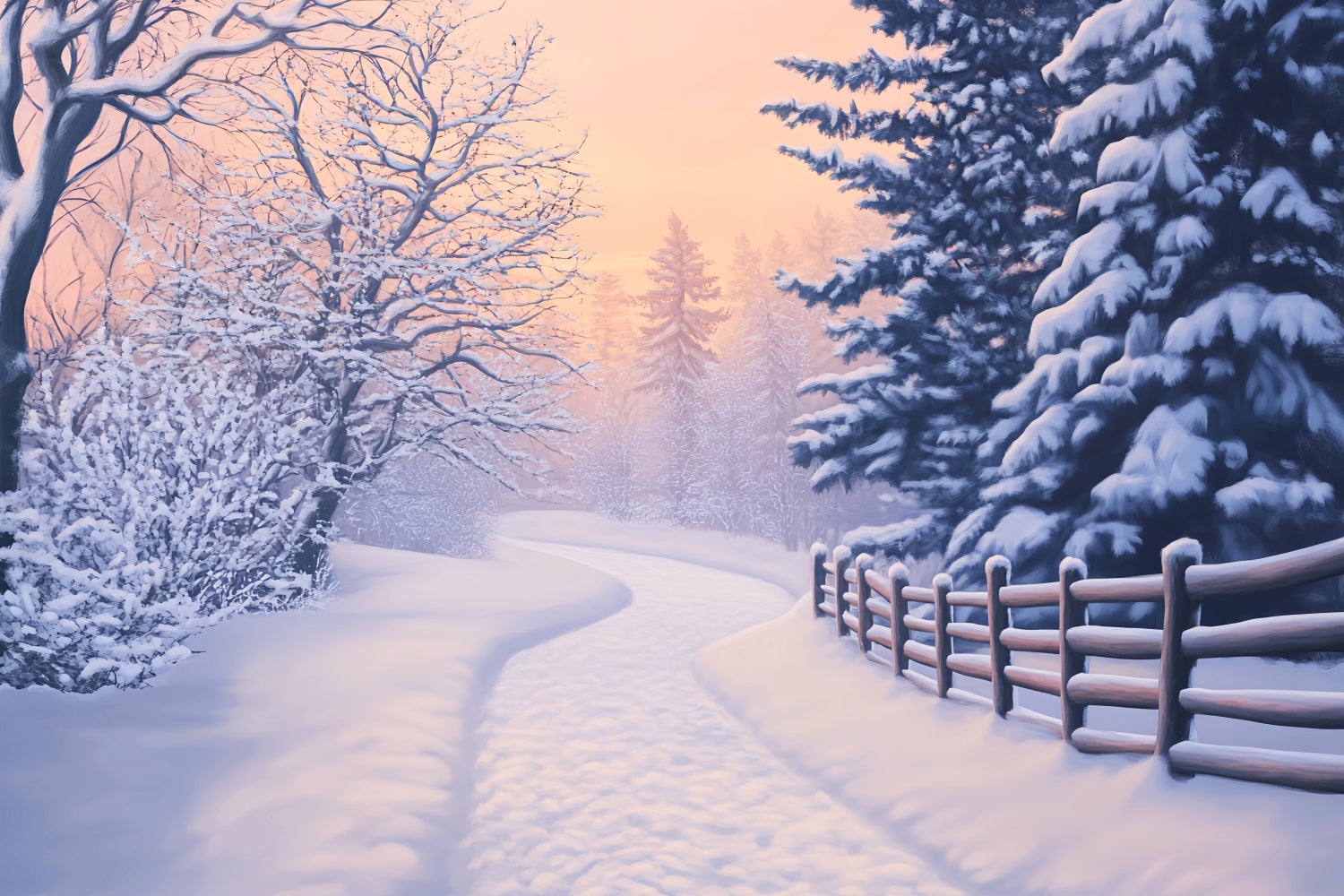Wunderland-Hintergrund Verschneiter Weg Goldene Kiefern Winterhintergrund für Fotografie LXX510-89