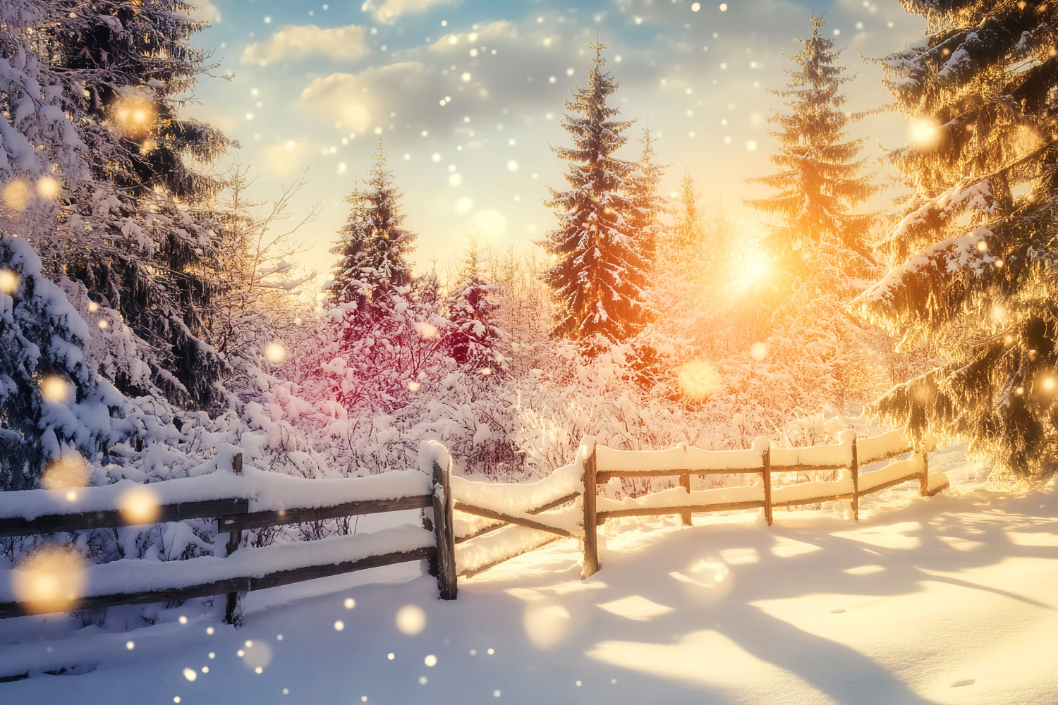 Wunderland-Hintergrund Funkelnder Sonnenuntergang Schneezäune Winterfotografie-Hintergründe LXX510-99