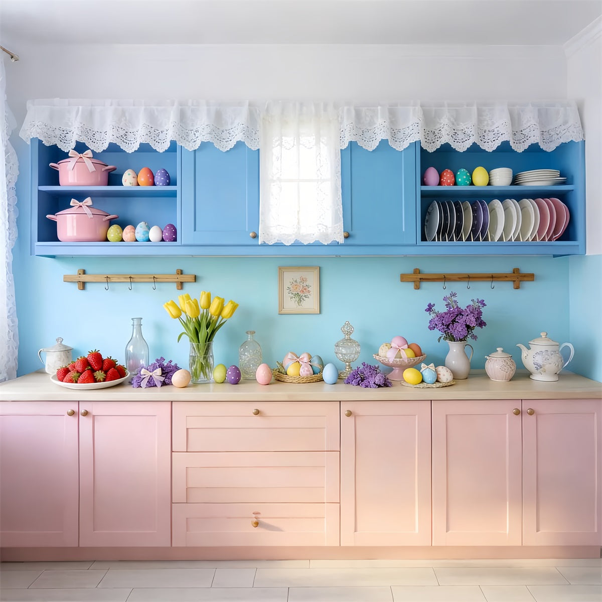 Rustikaler Oster-Hintergrund Vintage-blaue Küche Eier-Oster-Foto-Hintergrund LXX512-104