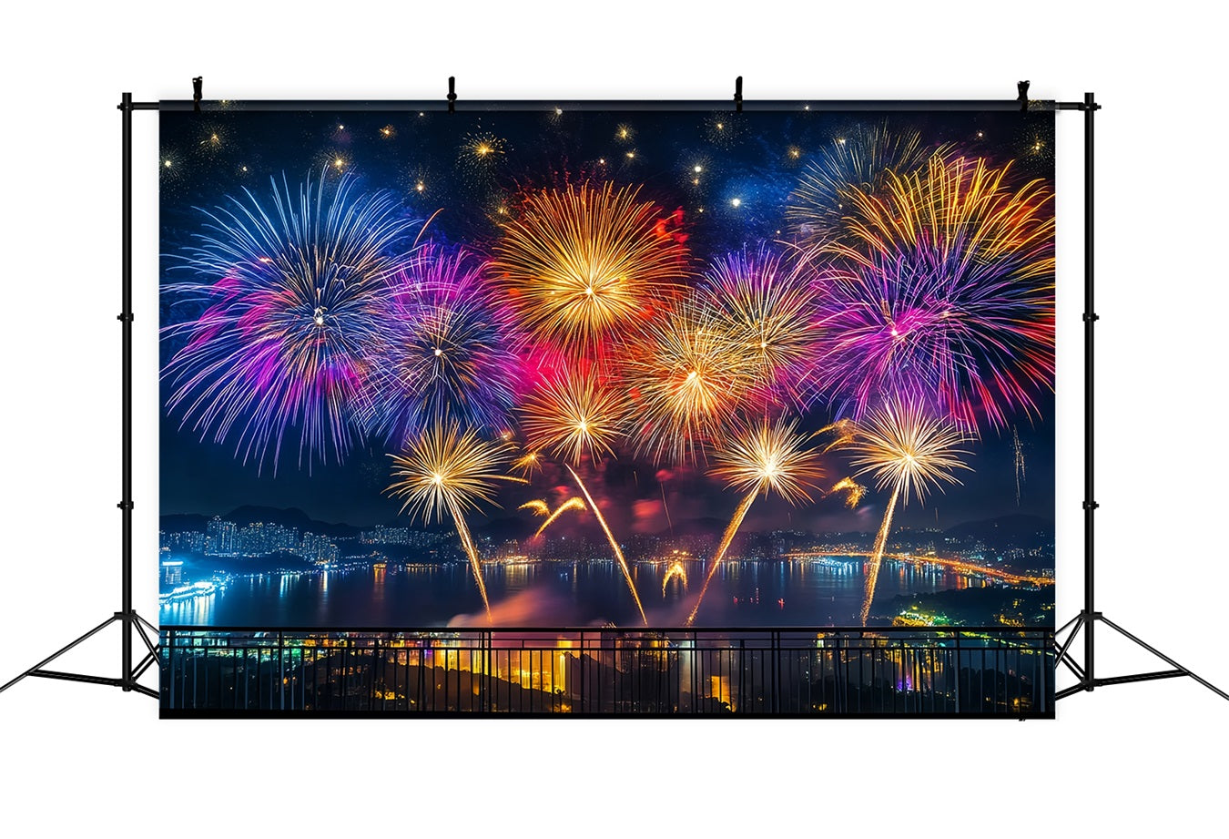 Neujahrs-Hintergrund Lebendiges Feuerwerk Hafenpanorama Stadtnacht-Hintergrund LXX512-11